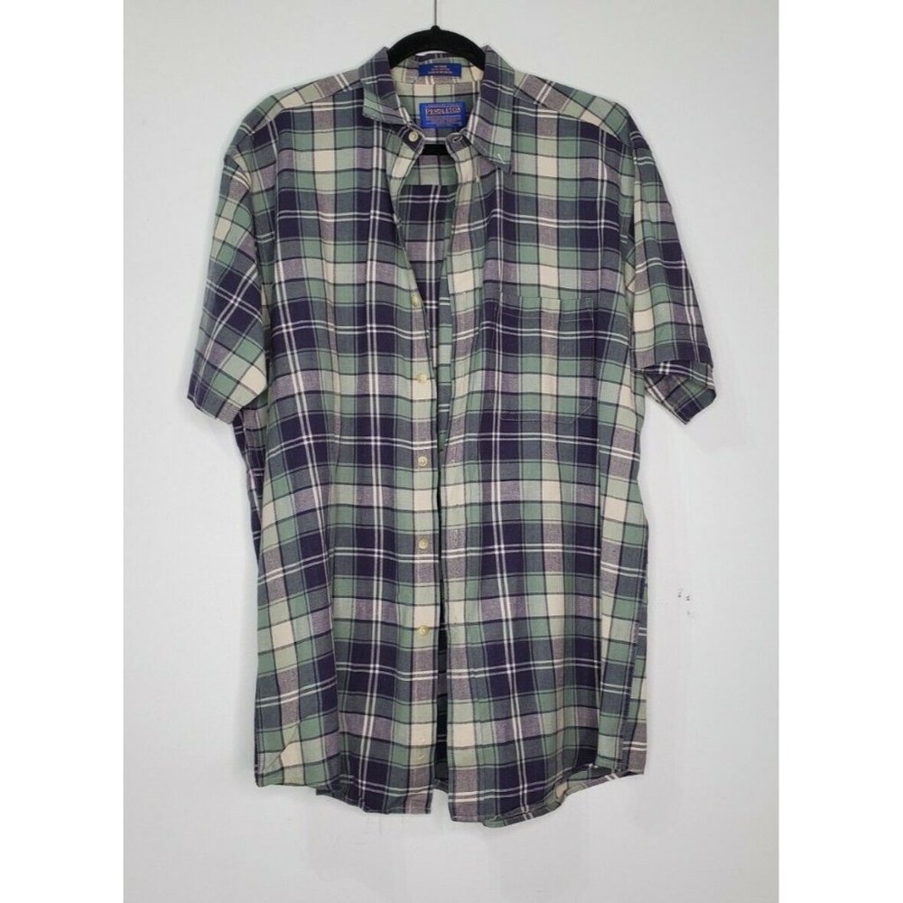 Pendleton Size L 100% Cotton Green Plaid Short Sleeve Summer Button Up Shirt